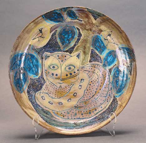 Turquoise White Cat Plate with Leaves