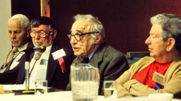 Melvin Lindquist, Rude Osolnik, James Prestini and Bob Stocksdale at the 1988 American Association of Woodturners Symposium. Photograph by Mark Lindquist