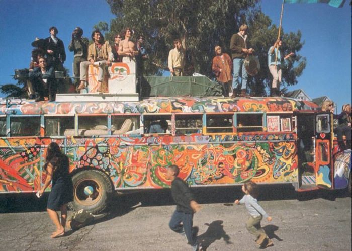 The Merry Pranksters — author Ken Kesey's collective of LSD disciples — atop their bus.