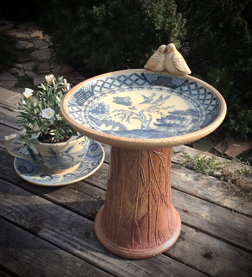 Lauren Hanson - Blue Willow Birdbath with Blue Willow Teacup Planter